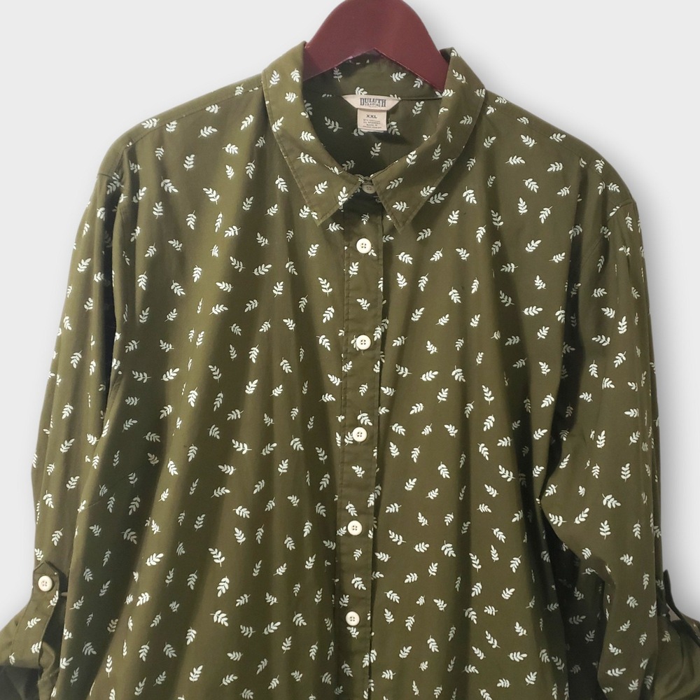 Duluth Trading Co Womens XXL Green Leaf Print Roll Tab Sleeve Button Down Shirt - Picture 2 of 11